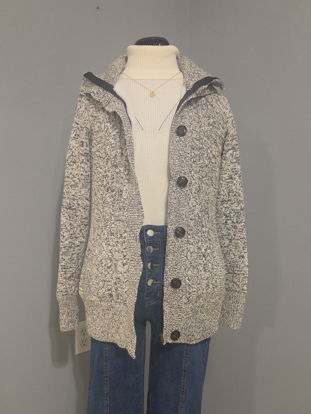 Amazon Marled Hooded Button-Front Sweater Cardigan - Cream & Black